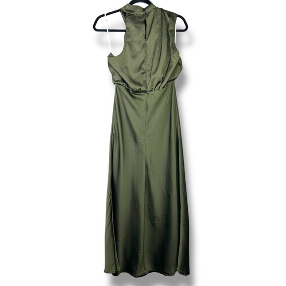 Lulus NWT Distinctive Charm Olive Green Satin Asymmetrical A-Line Maxi Dress - Picture 7 of 11
